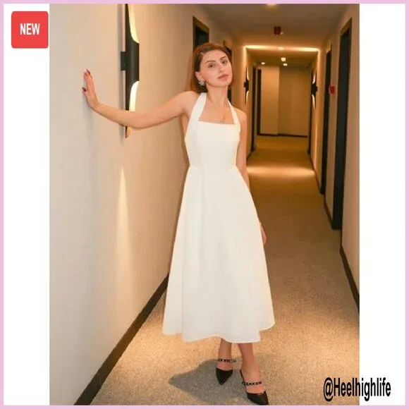 Sleeveless Halter Midi Dress Off Shoulder High Waist Flowy Beach Wedding  Guest